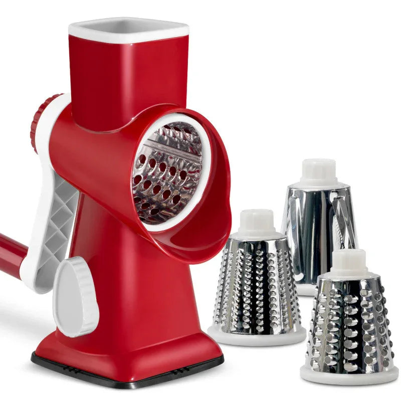 Red Rotary Cheese Grater & Vegetable Slicer - Manual Shredder with 3 Interchangeable Drums - Mekamart Australia