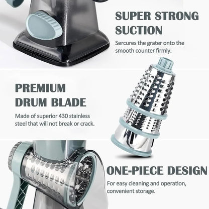 Blue Rotary Cheese Grater & Vegetable Slicer - Manual Shredder with 3 Interchangeable Drums - Mekamart Australia