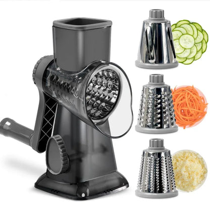 Grey Rotary Cheese Grater & Vegetable Slicer - Manual Shredder with 3 Interchangeable Drums - Mekamart Australia
