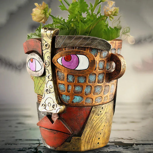 Abstract Face Planter Pot - Artistic Resin Decor for Succulents & Plants (Antique Style - 18.5*18*15CM) - Mekamart Australia
