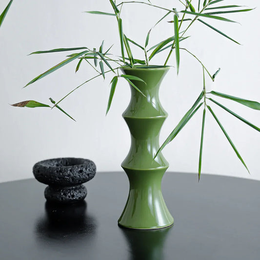 Glossy GreenCeramic Vase - Unique Bamboo-Look Design (25.5x9x7cm) - Mekamart Australia