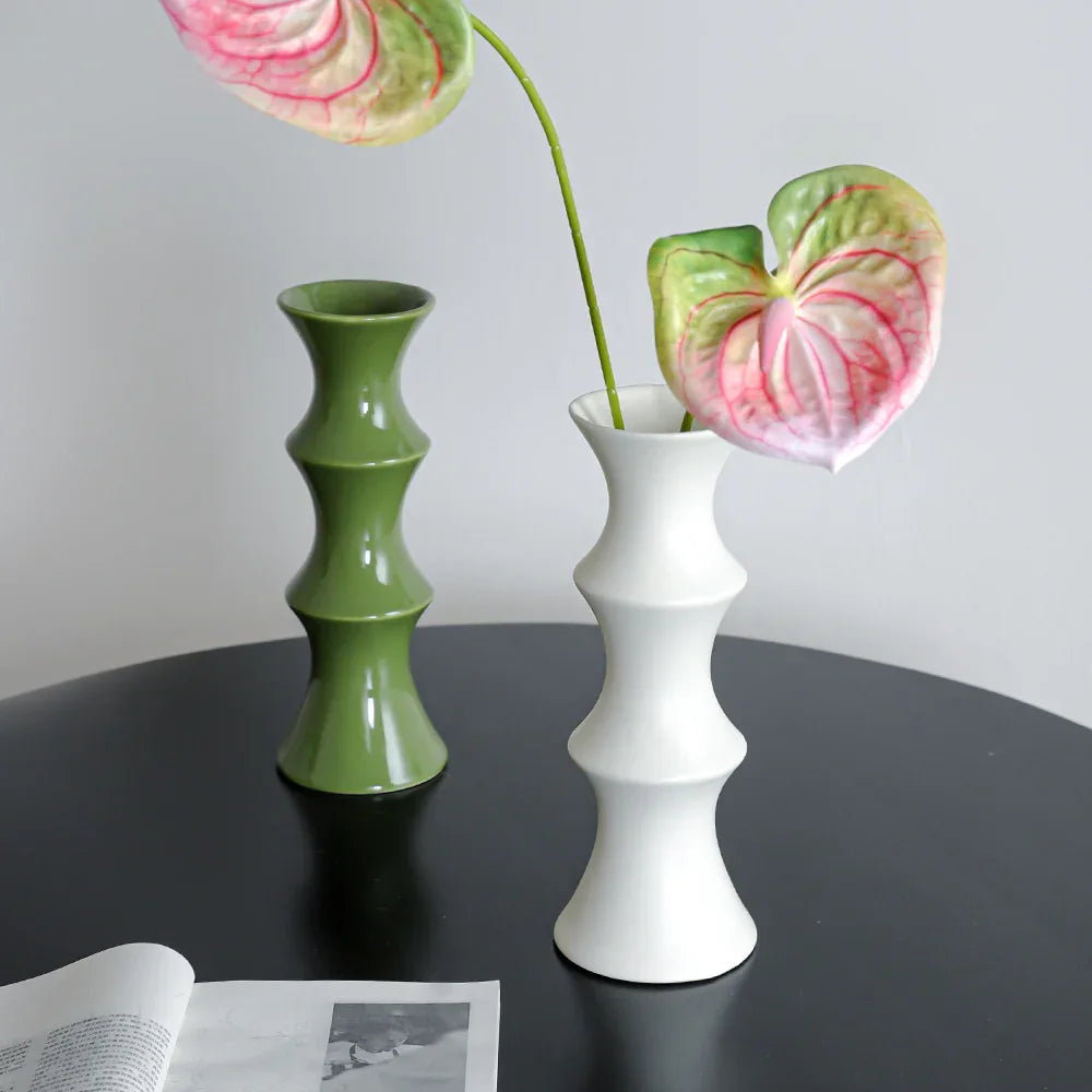 Glossy GreenCeramic Vase - Unique Bamboo-Look Design (25.5x9x7cm) - Mekamart Australia