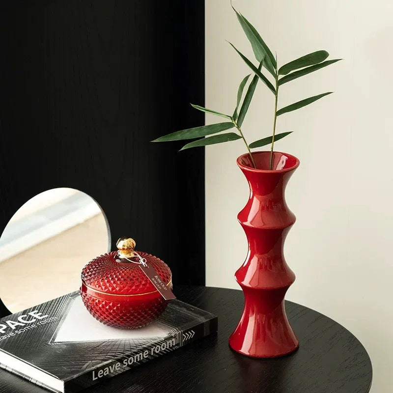 Glossy Red Ceramic Vase - Unique Bamboo-Look Design (25.5x9x7cm) - Mekamart Australia