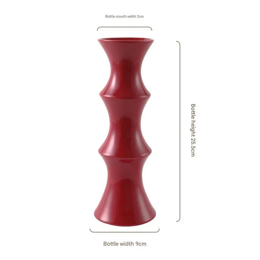 Glossy Red Ceramic Vase - Unique Bamboo-Look Design (25.5x9x7cm) - Mekamart Australia