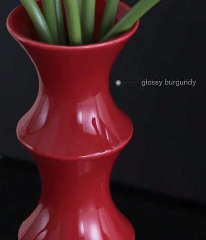 Glossy Red Ceramic Vase - Unique Bamboo-Look Design (25.5x9x7cm) - Mekamart Australia
