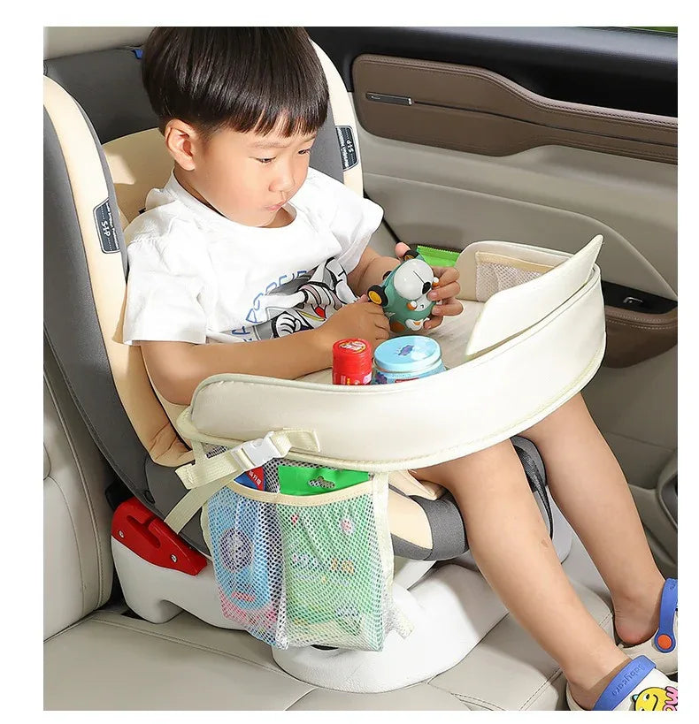 Kids Car Seat Travel Tray - Waterproof Lap Desk with Storage Pockets (Beige Bear - Round) - Mekamart Australia
