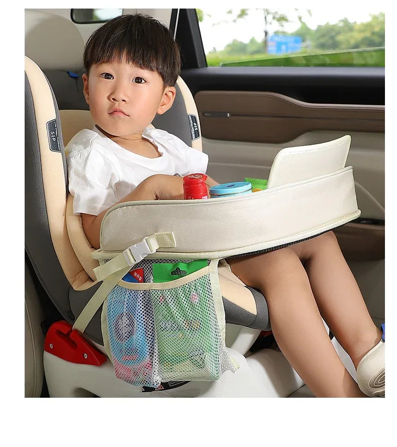 Kids Car Seat Travel Tray - Waterproof Lap Desk with Storage Pockets (Beige Bear - Round) - Mekamart Australia