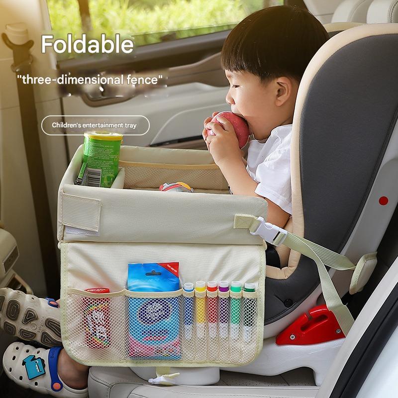 Kids Car Seat Travel Tray - Waterproof Lap Desk with Storage Pockets (Beige bunny - Round) - Mekamart Australia