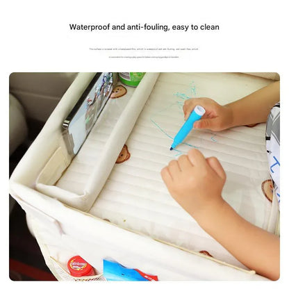 Kids Car Seat Travel Tray - Waterproof Lap Desk with Storage Pockets (Beige bunny - Round) - Mekamart Australia