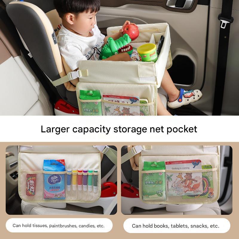 Kids Car Seat Travel Tray - Waterproof Lap Desk with Storage Pockets (Beige bunny - Round) - Mekamart Australia