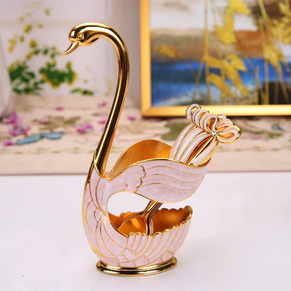 Elegant Swan Base Spoon Holder Set with 6 Coffee/Dessert Spoons(Gold and white spoon) - Mekamart Australia