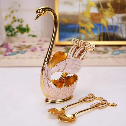Elegant Swan Base Spoon Holder Set with 6 Coffee/Dessert Spoons(Gold and white spoon) - Mekamart Australia
