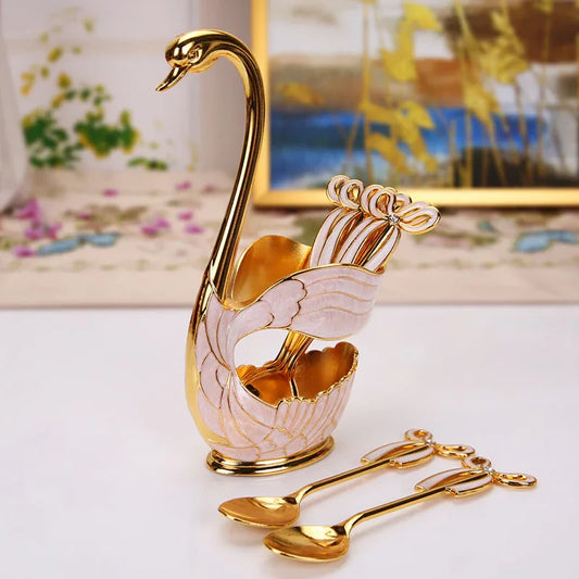 Elegant Swan Base Spoon Holder Set with 6 Coffee/Dessert Spoons(Gold and white spoon) - Mekamart Australia