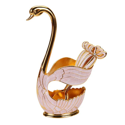 Elegant Swan Base Spoon Holder Set with 6 Coffee/Dessert Spoons(Gold and white spoon) - Mekamart Australia