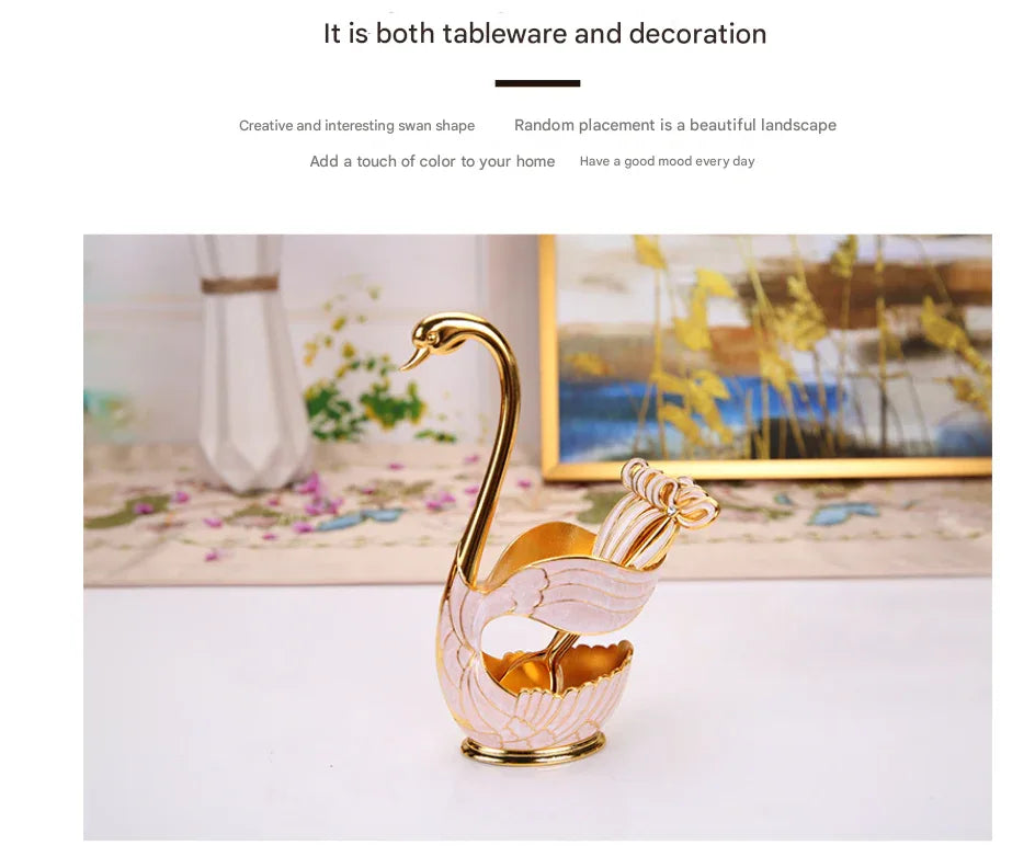 Elegant Swan Base Spoon Holder Set with 6 Coffee/Dessert Spoons(Gold and white spoon) - Mekamart Australia
