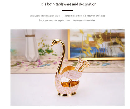 Elegant Swan Base Spoon Holder Set with 6 Coffee/Dessert Spoons(Gold and white spoon) - Mekamart Australia