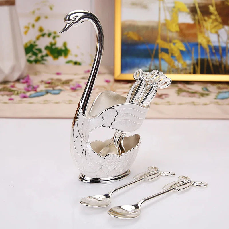 Elegant Swan Base Spoon Holder Set with 6 Coffee/Dessert Spoons(Silver spoon) - Mekamart Australia