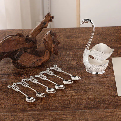 Elegant Swan Base Spoon Holder Set with 6 Coffee/Dessert Spoons(Silver spoon) - Mekamart Australia