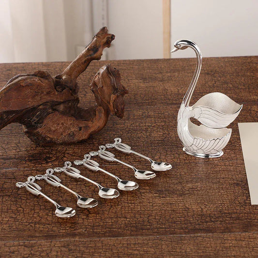 Elegant Swan Base Spoon Holder Set with 6 Coffee/Dessert Spoons(Silver spoon) - Mekamart Australia