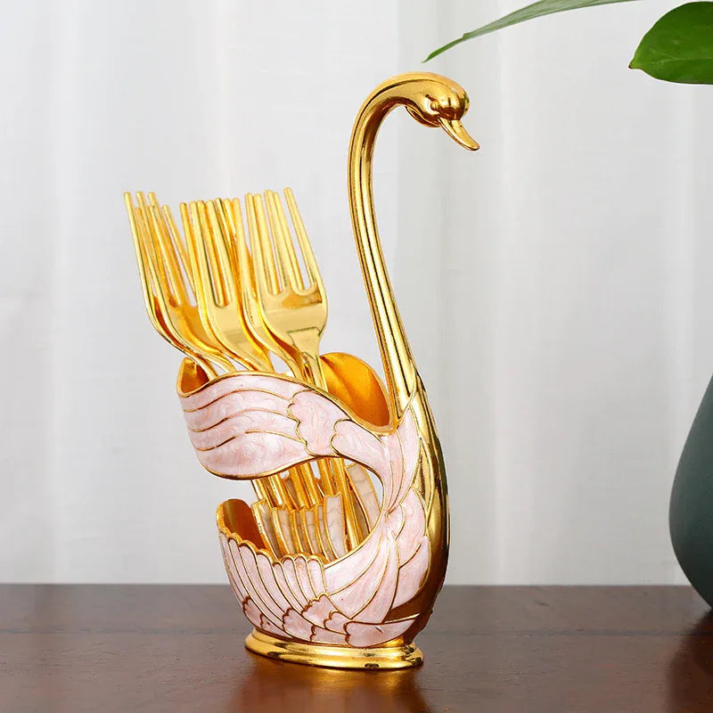 Elegant Swan Base Spoon Holder Set with 6 Coffee/Dessert Spoons(Gold Fork) - Mekamart Australia