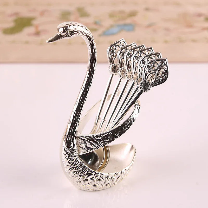 Silver Elegant Swan Cutlery Holder Set with 6 Dessert Spoons - Mekamart Australia