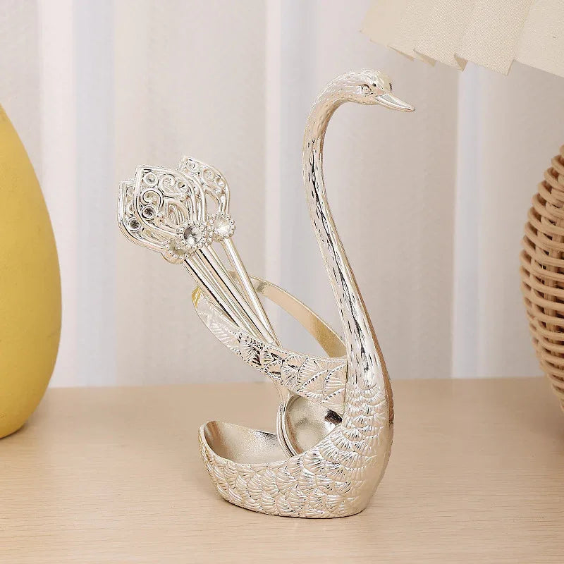 Silver Elegant Swan Cutlery Holder Set with 6 Dessert Spoons - Mekamart Australia