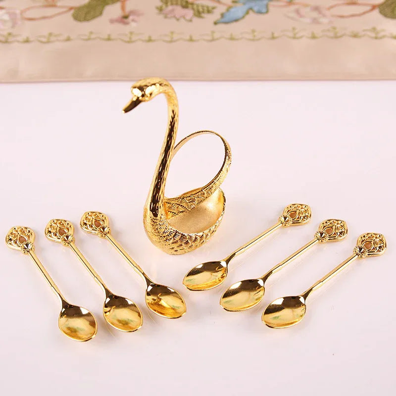 Gold Elegant Swan Cutlery Holder Set with 6 Dessert Spoons - Mekamart Australia