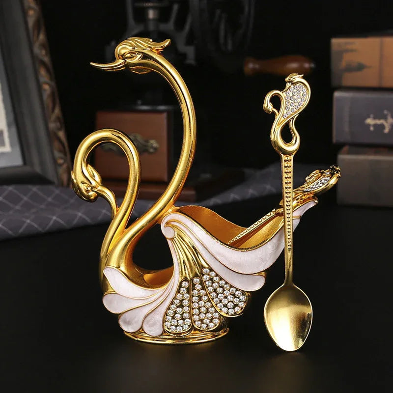 Gold Elegant Double Swan Cutlery Holder Set with 6pcs Spoons - Mekamart Australia