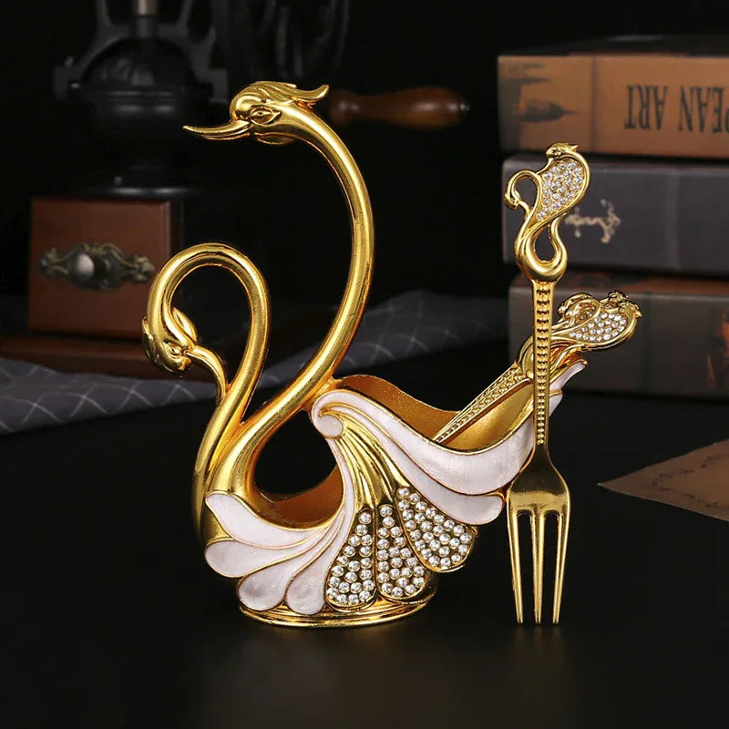 Gold Elegant Double Swan Cutlery Holder Set with 6pcs Fork - Mekamart Australia