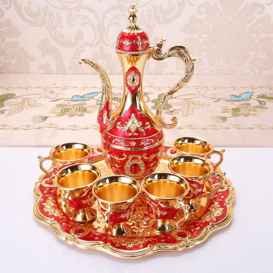 Elegant Gold Metal Serving Set - Decanter, 6 Cups, Tray (Golden Red) - Mekamart Australia