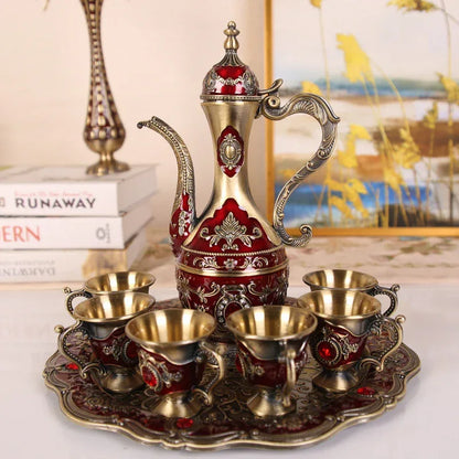 Elegant Gold Metal Serving Set - Decanter, 6 Cups, Tray (Copper+Red) - Mekamart Australia