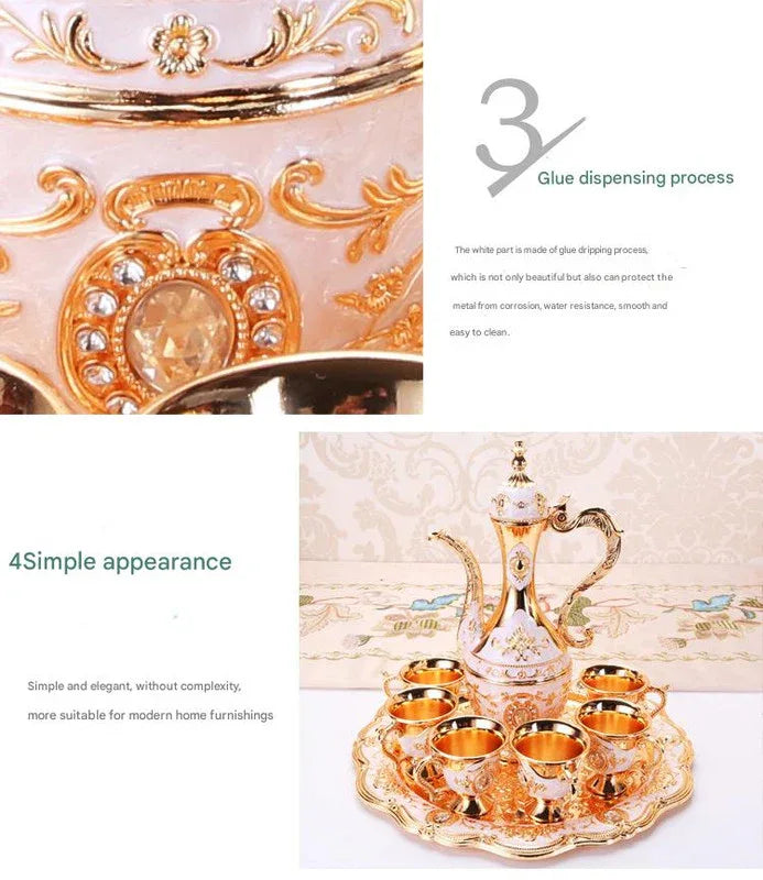 Elegant Gold Metal Serving Set - Decanter, 6 Cups, Tray (Copper+Red) - Mekamart Australia