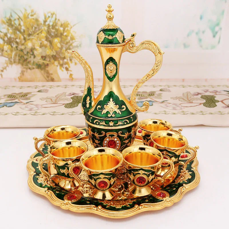 Elegant Gold Metal Serving Set - Decanter, 6 Cups, Tray (Gold Green) - Mekamart Australia