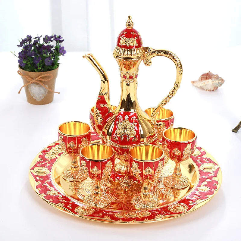 Vintage Palace Style Liquor Serving Set - Metal Pot, 6 Cups & Tray (Golden Red) - Mekamart Australia