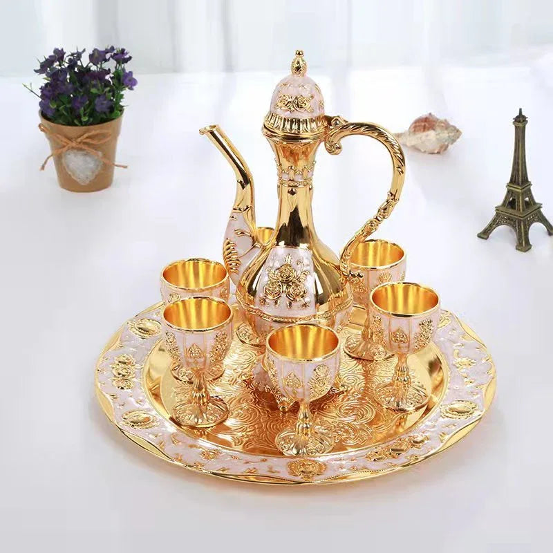 Vintage Palace Style Liquor Serving Set - Metal Pot, 6 Cups & Tray (White Gold) - Mekamart Australia