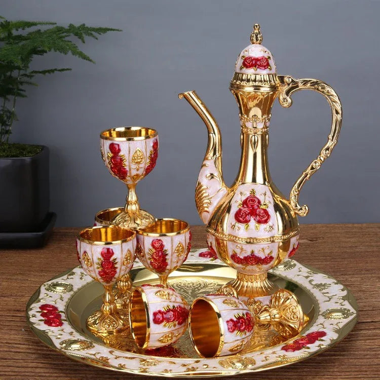 Vintage Palace Style Liquor Serving Set - Metal Pot, 6 Cups & Tray (White gold red rose) - Mekamart Australia