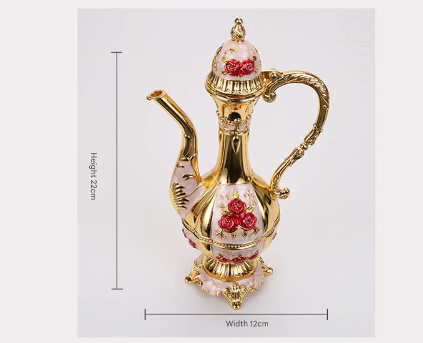 Vintage Palace Style Liquor Serving Set - Metal Pot, 6 Cups & Tray (White gold red rose) - Mekamart Australia