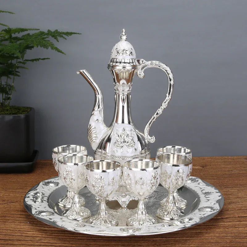 Vintage Palace Style Liquor Serving Set - Metal Pot, 6 Cups & Tray (Silver) - Mekamart Australia