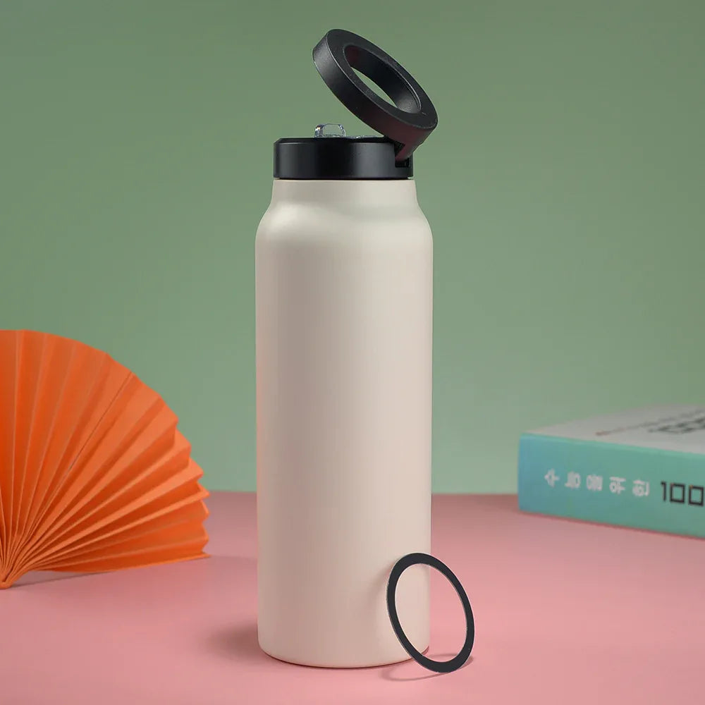 Stainless Steel Insulated Water Bottle with Integrated Magnetic Phone Stand - Beige (24oz) - Mekamart Australia