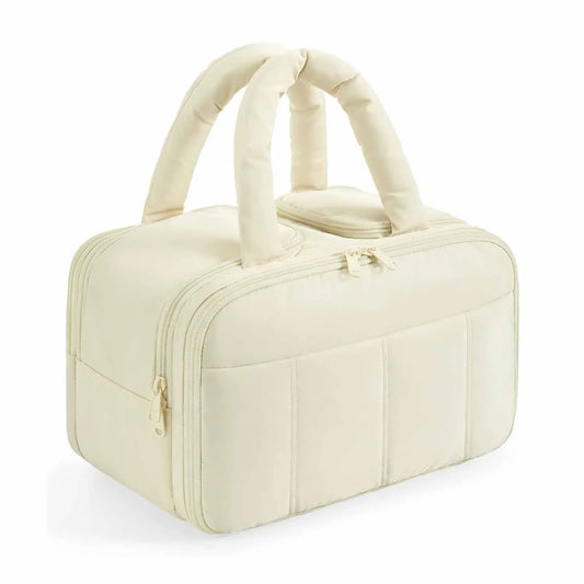 White Puffy Travel Wash Bag with Wide-Mouth Access and Wet-Dry Pockets - Mekamart Australia
