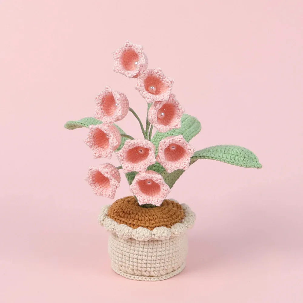 Handmade Crochet Lily of the Valley Potted Plant - Everlasting Crochet Flower Arrangement (9 heads pink) - Mekamart Australia