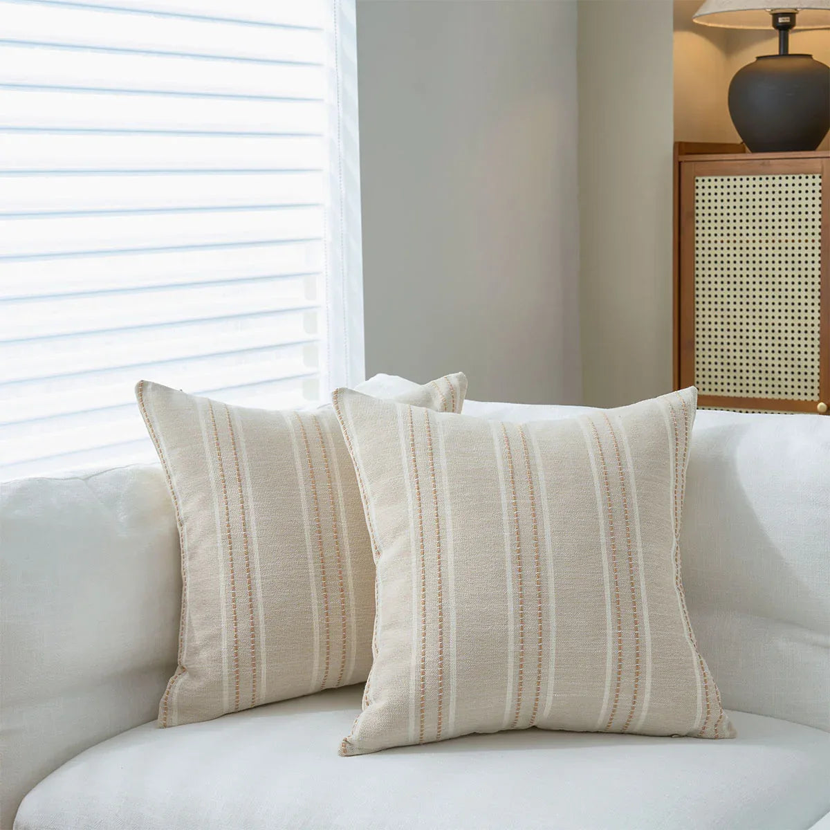Textured Vertical Striped Pillowcases - Scandinavian Home Decor Accents (Beige Stripes Pair - 45x45cm) - Mekamart Australia