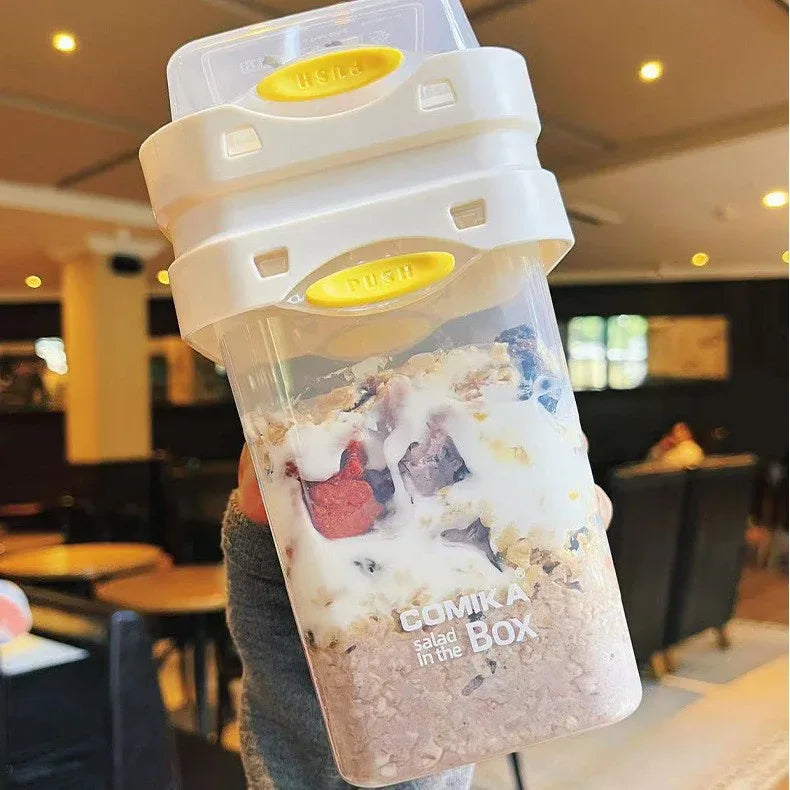 White Portable salad cup with ingredient compartment and fork and spoon - enjoy breakfast on the go - Mekamart Australia