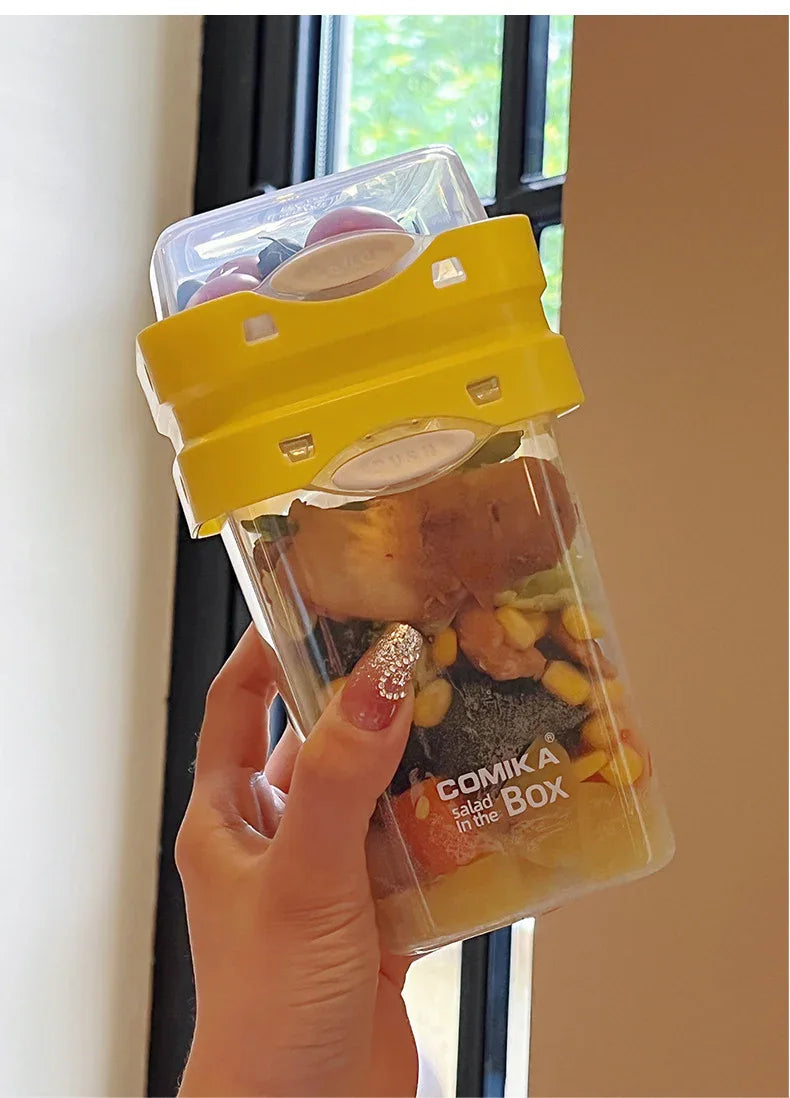 Yellow Portable salad cup with ingredient compartment and fork and spoon - enjoy breakfast on the go - Mekamart Australia