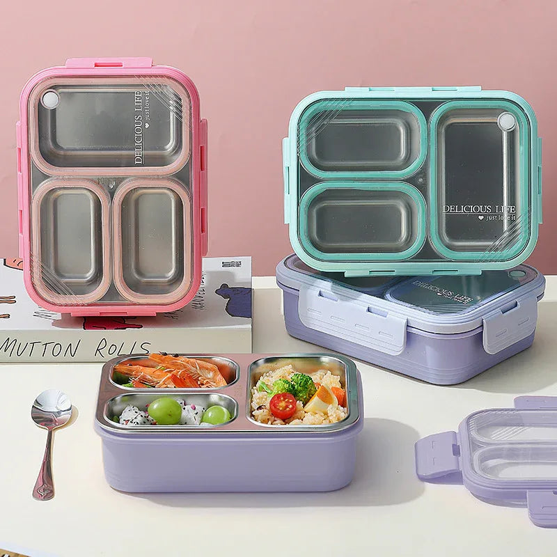 Purple 3-Compartment Stainless Steel Bento Lunch Box - Leak-Proof, for Kids & Adults for School & Office - Mekamart Australia