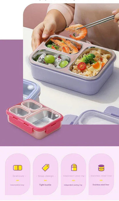 Purple 3-Compartment Stainless Steel Bento Lunch Box - Leak-Proof, for Kids & Adults for School & Office - Mekamart Australia