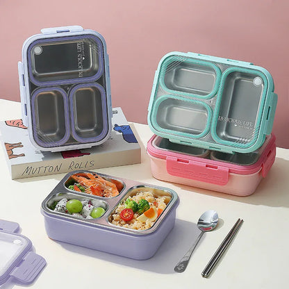 Pink 3-Compartment Stainless Steel Bento Lunch Box - Leak-Proof, for Kids & Adults for School & Office - Mekamart Australia