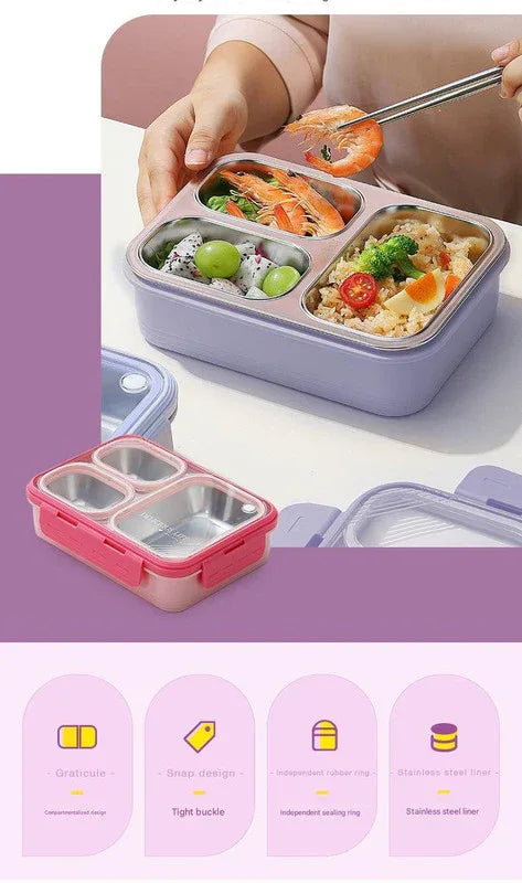 Pink 3-Compartment Stainless Steel Bento Lunch Box - Leak-Proof, for Kids & Adults for School & Office - Mekamart Australia