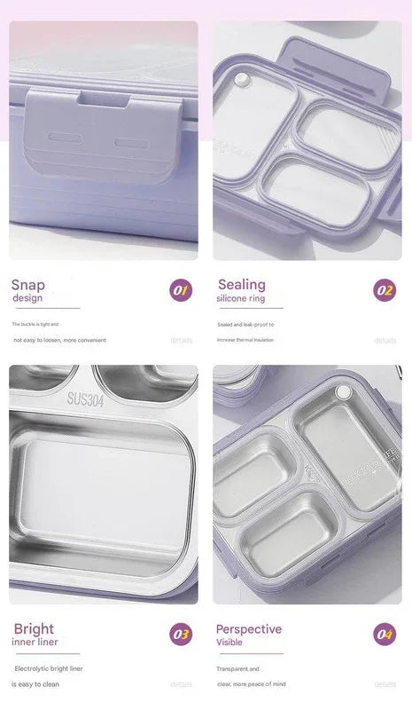 Pink 3-Compartment Stainless Steel Bento Lunch Box - Leak-Proof, for Kids & Adults for School & Office - Mekamart Australia