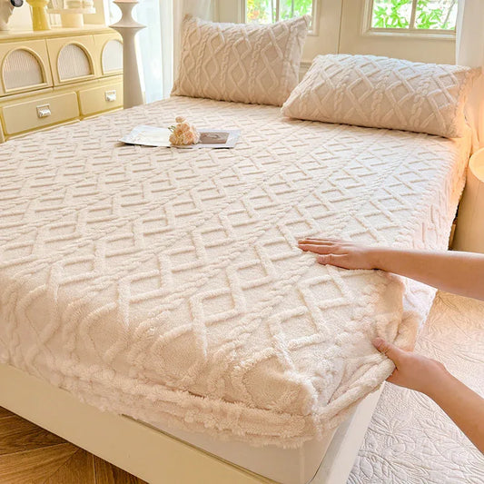 Beige Ultra Soft Plush Fitted Sheet - Winter Warm Plush Bed Sheet Embossed Diamond Pattern (150x200cm) - Mekamart Australia